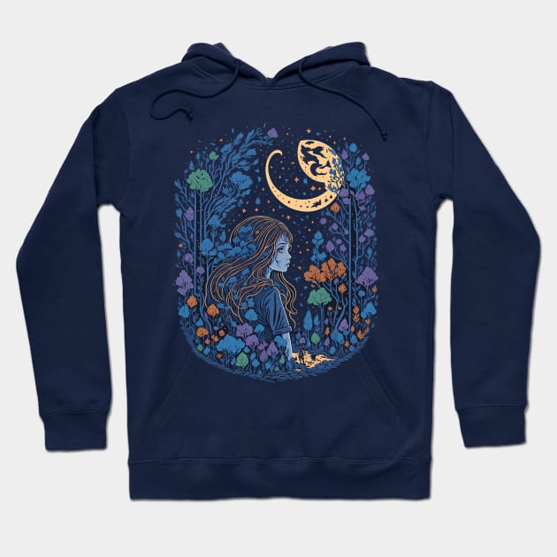 Cute Girl in the Woods at Night Time Hoodie by ElMass